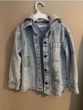 Zara Light Blue Washed Denim Jacket with Grey Hood size 6-7